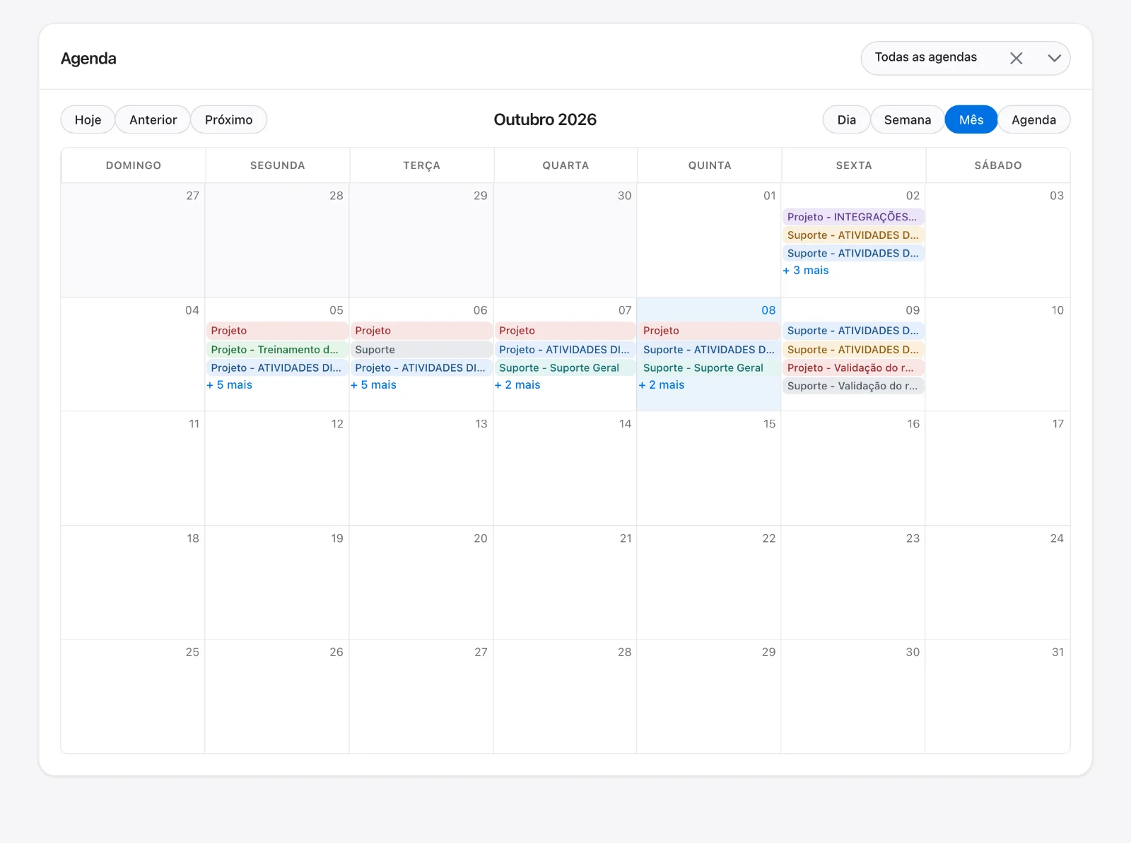 Cada tarefa tem analista, cliente, projeto, horário e objetivos, e pode sair com convite do Google Meet.