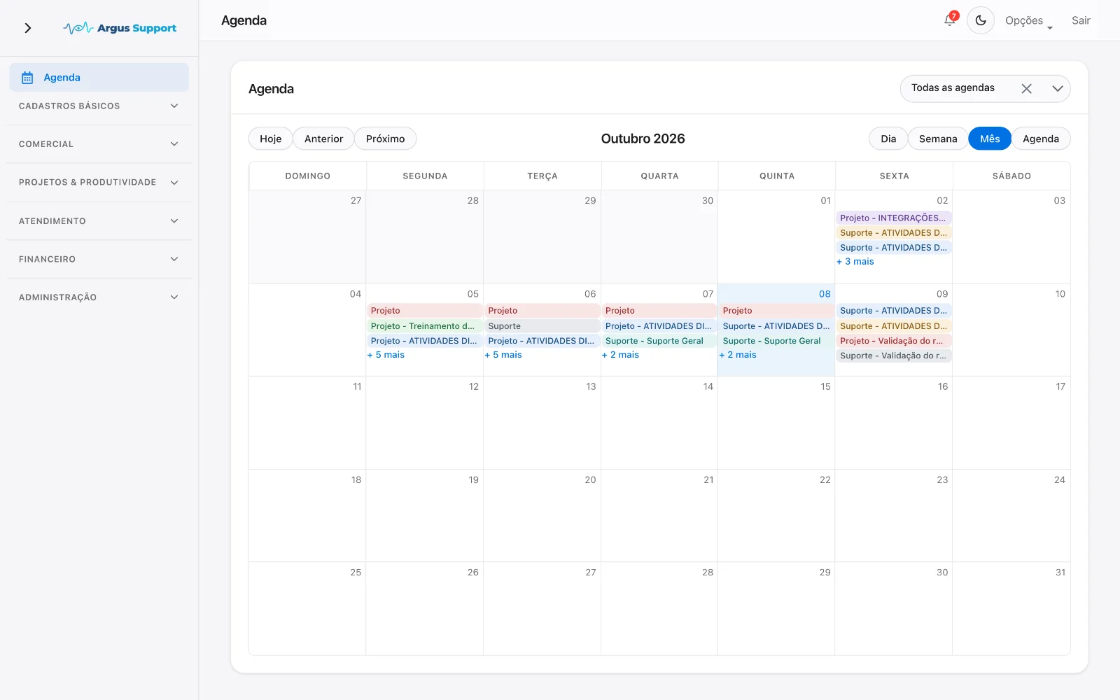 Agenda da equipe com as tarefas de cada analista por cliente e projeto.